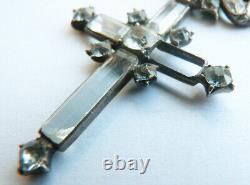 Cross Pendant In Solid Silver + Rhinestone Old Jewellery 19th Century Silver Cross