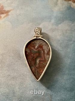 ENORMOUS ANCIENT PENDANT IN TRUE LAGUNA AGATE AND STERLING SILVER, VERY BEAUTIFUL