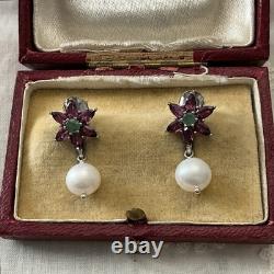 Emerald, Garnet, Pearl, Antique White Gold / Silver Earrings