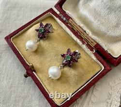 Emerald, Garnet, Pearl, Antique White Gold / Silver Earrings