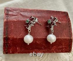 Emerald, Garnet, Pearl, Antique White Gold / Silver Earrings