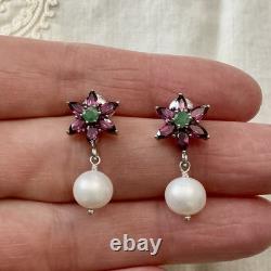 Emerald, Garnet, Pearl, Antique White Gold / Silver Earrings