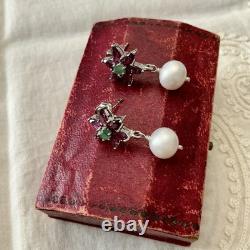Emerald, Garnet, Pearl, Antique White Gold / Silver Earrings