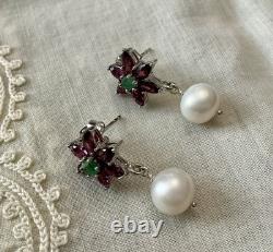 Emerald, Garnet, Pearl, Antique White Gold / Silver Earrings