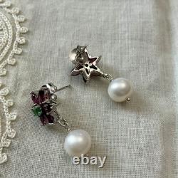 Emerald, Garnet, Pearl, Antique White Gold / Silver Earrings