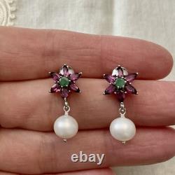 Emerald, Garnet, Pearl, Antique White Gold / Silver Earrings