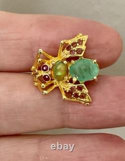 Emerald Ruby Opal Antique Brooch in Gold and Silver Bee