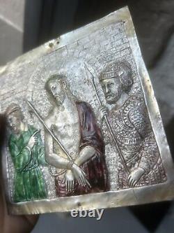 Enamel Silver Plaque with Antique Religious Christian Christ