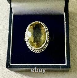 Enormous Ancien Natural Citrin Bague Argent Massif Art Deco, Splendide