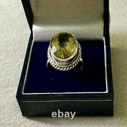 Enormous Ancien Natural Citrin Bague Argent Massif Art Deco, Splendide