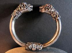 Ethnic Bracelet 2 Heads Old Lions Band Opening In Silver