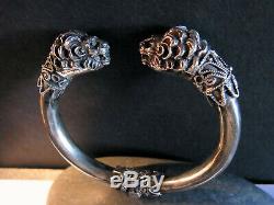 Ethnic Bracelet 2 Heads Old Lions Band Opening In Silver