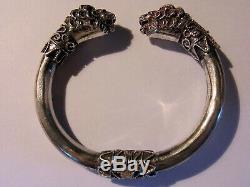 Ethnic Bracelet 2 Heads Old Lions Band Opening In Silver