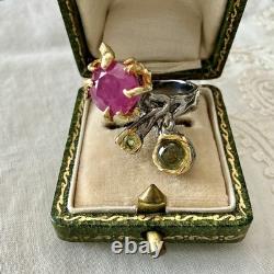 Exceptional Ruby, Tourmaline, Silver, Gold, Unique Design Antique Ring