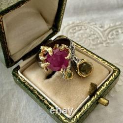 Exceptional Ruby, Tourmaline, Silver, Gold, Unique Design Antique Ring