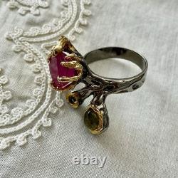 Exceptional Ruby, Tourmaline, Silver, Gold, Unique Design Antique Ring