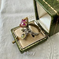Exceptional Ruby, Tourmaline, Silver, Gold, Unique Design Antique Ring
