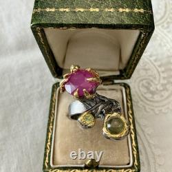 Exceptional Ruby, Tourmaline, Silver, Gold, Unique Design Antique Ring