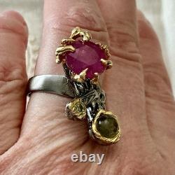 Exceptional Ruby, Tourmaline, Silver, Gold, Unique Design Antique Ring