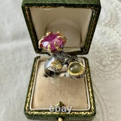 Exceptional Ruby, Tourmaline, Silver, Gold, Unique Design Antique Ring