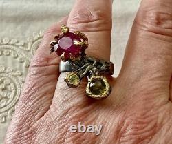 Exceptional Ruby, Tourmaline, Silver, Gold, Unique Design Antique Ring