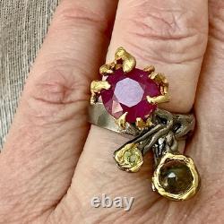 Exceptional Ruby, Tourmaline, Silver, Gold, Unique Design Antique Ring