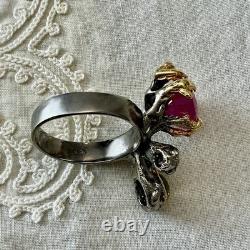 Exceptional Ruby, Tourmaline, Silver, Gold, Unique Design Antique Ring