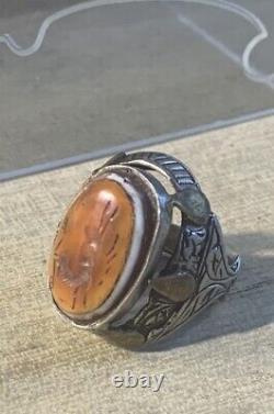 Former Afghan 19-20th Century Ring, Massive Silver, Intaille Agate Gazelle