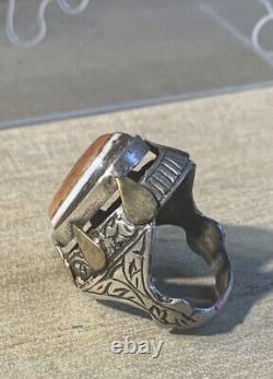 Former Afghan 19-20th Century Ring, Massive Silver, Intaille Agate Gazelle