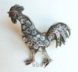 Gaulish Rooster - Antique Solid SILVER and Rhinestone Brooch