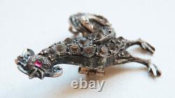 Gaulish Rooster - Antique Solid SILVER and Rhinestone Brooch