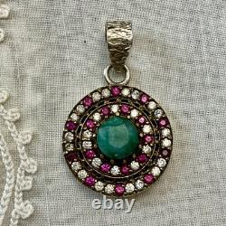 Genuine Emerald, Ruby, Topaz, Antique Pendant in Silver and Gilt Silver