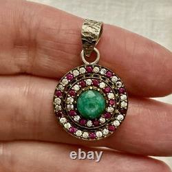 Genuine Emerald, Ruby, Topaz, Antique Pendant in Silver and Gilt Silver