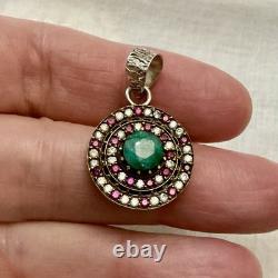 Genuine Emerald, Ruby, Topaz, Antique Pendant in Silver and Gilt Silver