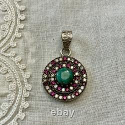 Genuine Emerald, Ruby, Topaz, Antique Pendant in Silver and Gilt Silver