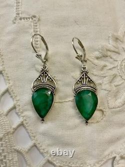 Genuine Silver Crafted Emerald, Antique Earrings