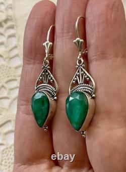 Genuine Silver Crafted Emerald, Antique Earrings