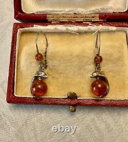 Genuine Solid Silver Carved Amber, Antique Earrings