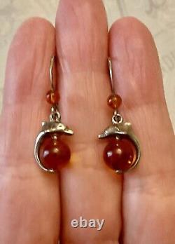 Genuine Solid Silver Carved Amber, Antique Earrings