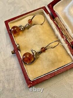 Genuine Solid Silver Carved Amber, Antique Earrings