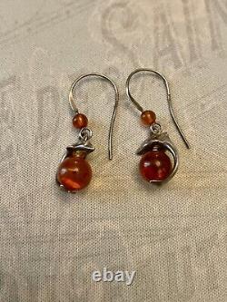 Genuine Solid Silver Carved Amber, Antique Earrings