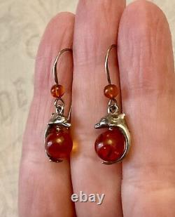 Genuine Solid Silver Carved Amber, Antique Earrings