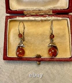 Genuine Solid Silver Carved Amber, Antique Earrings