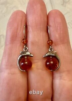 Genuine Solid Silver Carved Amber, Antique Earrings