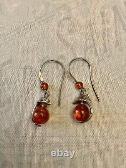 Genuine Solid Silver Carved Amber, Antique Earrings