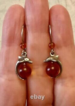 Genuine Solid Silver Carved Amber, Antique Earrings