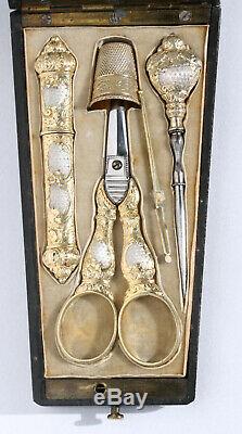 Gilt Silver Old Gold Sewing Kit Box Marquetry Scissors Case