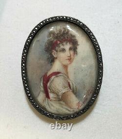 Hand-painted Miniature Antique Brooch On Mother-of-pearl Silver Frame 19th Signed