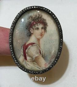 Hand-painted Miniature Antique Brooch On Mother-of-pearl Silver Frame 19th Signed