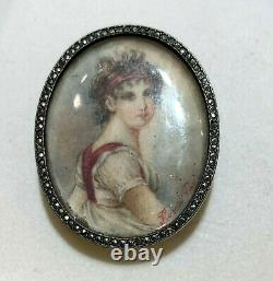 Hand-painted Miniature Antique Brooch On Mother-of-pearl Silver Frame 19th Signed